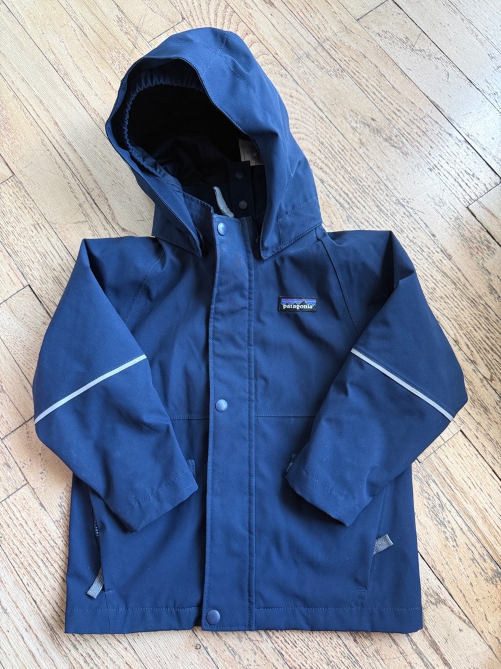 Patagonia Navy Hooded Kids Raincoat with Reflective Trim 3t